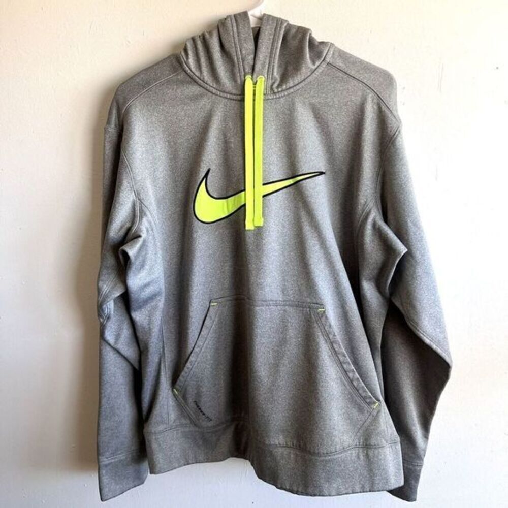 Nike Therma Fit Gray Green Swoosh Fleece Lined Hooded Men's Pullover Hoodie M‎
